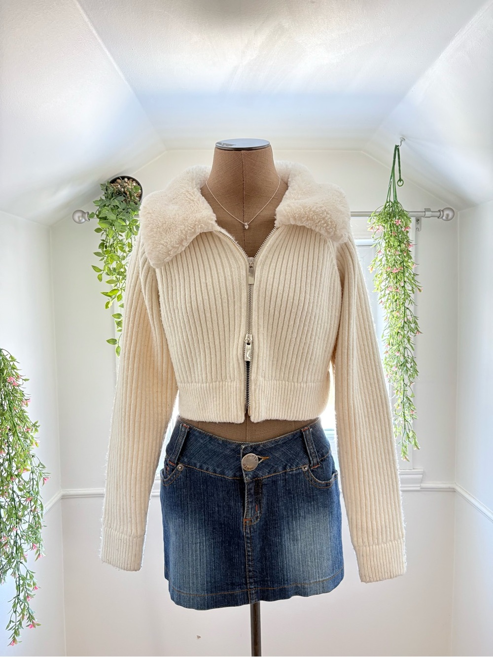 Zara Cream Ribbed Sherpa-Collar Cropped Sweater